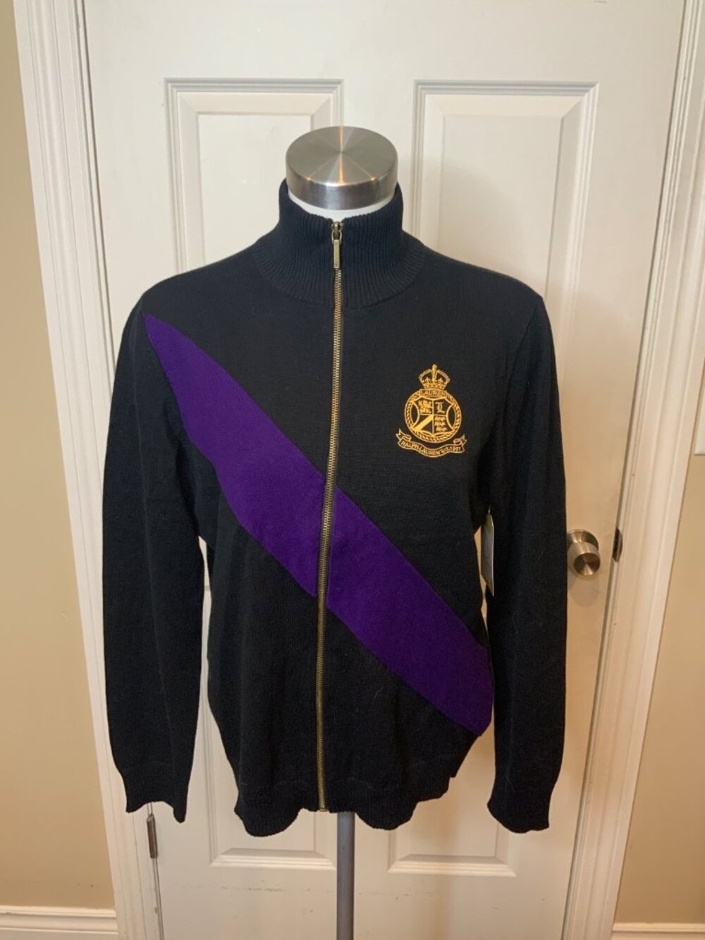 Lauren Ralph Lauren Black Purple Full-Zip Logo Embroidered Cardigan Sweater Sz M